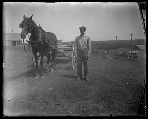 Farmer in field with horse and wagon