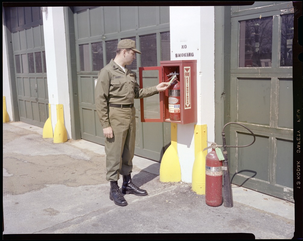 CEMEL, durable press fatigue uniform, outside shot - fire distinguisher & model