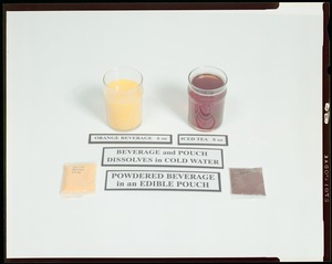 Powdered beverage in an edible pouch, orange, 6 oz, ice tea, 8 oz (Karen Conca)