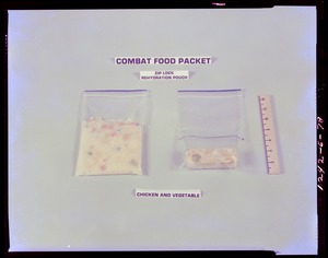 Combat food packet, zip lock rehydration pouch, chicken and vegetable