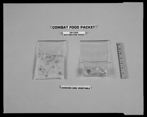 Combat food packet, zip lock rehydration pouch, chicken and vegetable