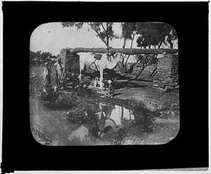 Outdoor scene with camel and three figures