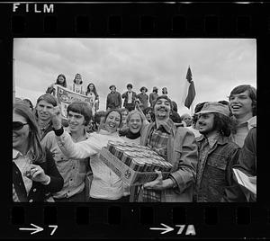 Harvard raft race winners with beer prize, Cambridge