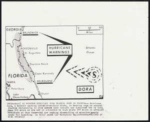 Monster Hurricane Dora Bearing Down on Florida--Hurricane Dora, a monster packing 125-mile-an-hour winds, is bearing down on central Florida threatening to slam ashore late tonight and tomorrow. She is less than 300 miles at sea and is preceeded by high winds 150 miles in advance. Officials at Cape Canaveral are rushing dismantling of missiles nearly ready for launching on their pads.