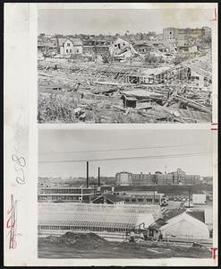 Glass Houses and Factories Smashed-Top picture shows wreckage after tornado roared through northern Worcester, June 9, 1953. The Sunnyside Greenhouses were demolished. Behind them is ruins of Vellumoid Co. and in background the least damaged end of Assumption College. Lower photos show same scene today.