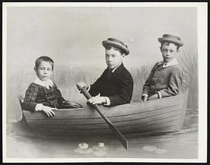 Ruppert Rows His Brothers The earnest lad in the center is Jacob Ruppert at the age of four in 1871 with his brothers, George (left) and the late Frank (right). Jacob who grew up to be co. Jacob Ruppert, owner of the New York Yankeed, died in New York Jan. 13. This boat is a photographer's prop, but col. Ruppert had a real boat later, the Twin Screw, 437-ton "Yankee", named for the ball club which brought him fame and fortune.