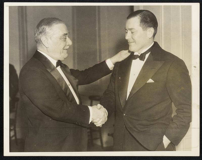 Ball Club Owners Get Together New York, Feb. 2-- Among the prominent guests at the annual dinner and frolic of the New York Chapter of the Baseball Writers association here tonight were Col. Jake Ruppert, owner of the Yankees (left) and Tom Yawkey, owner of the Boston Red Sox.