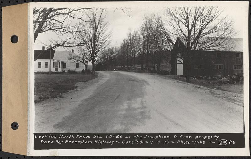 Contract No. 54, Highway in Towns of Dana, Petersham, Worcester County, looking north from Sta. 20+20 at the Josephine D. Finn property, Dana and Petersham, Mass., Jan. 4, 1937