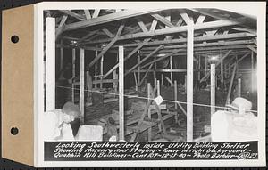 Contract No. 107, Quabbin Hill Recreation Buildings and Road, Ware, looking southwesterly inside utility building shelter showing masonry and staging, tower in right background, Ware, Mass., Dec. 13, 1940