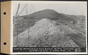 Contract No. 51, East Branch Baffle, Site of Quabbin Reservoir, Greenwich, Hardwick, looking northwest at east branch baffle from Sta. 19+80, Hardwick, Mass., Feb. 10, 1937