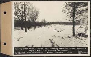 Contract No. 80, High Level Distribution Reservoir, Weston, looking west from Sta. 74+/- showing general view dam 4, high level distribution reservoir, Weston, Mass., Jan. 5, 1940