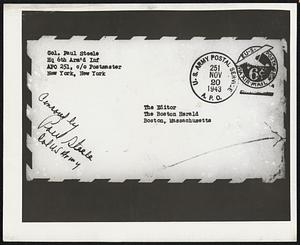 Envelope addressed to The Editor, The Boston Herald, Boston Massachusetts from Col. Paul Steele