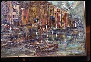 Painting of boats by a pier and buildings signed by Anne Caputo Repucci