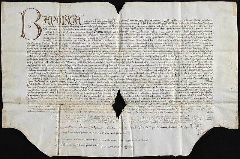 Papal bull in the name of Sixtus IV uniting the church of St. Peter "ad Montonem" with a perpetual chaplaincy dedicated to the Virgin Mary in the church of Atria