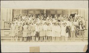 Pepperell High School students on school porch with some teachers