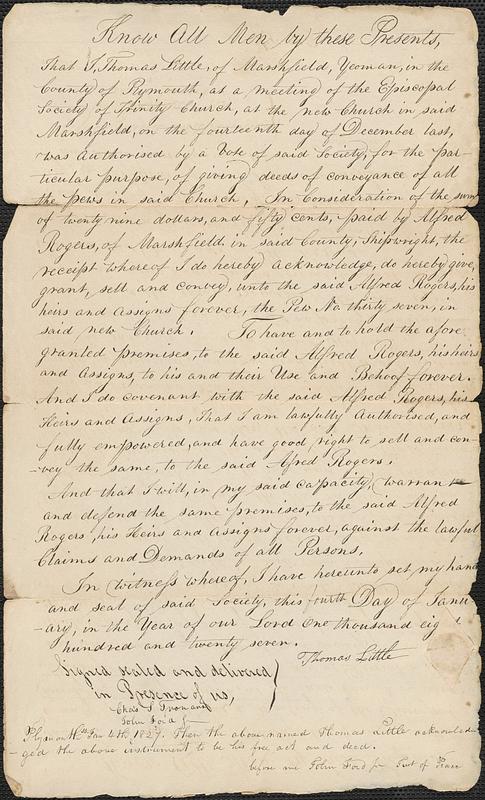 Deed of pew conveyance for pew owner Alfred Rogers, shipwright of Marshfield
