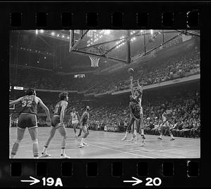 Celtics/NY Knicks basketball action, Boston Garden