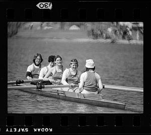 Women's college crew practice on Charles River, Boston