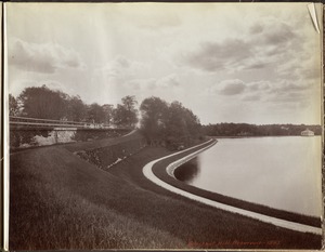 Distribution Department, Chestnut Hill Reservoir, pathway, Effluent Gatehouse in background, Brighton, Mass., 1893