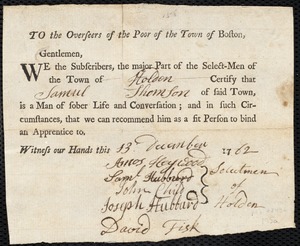 John Griffin indentured to apprentice with Samuel Thompson of Holden, 15 December 1762