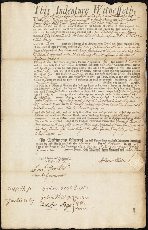 Elizabeth Carroll indentured to apprentice with Andrew Eliot of Boston, 2 February 1763