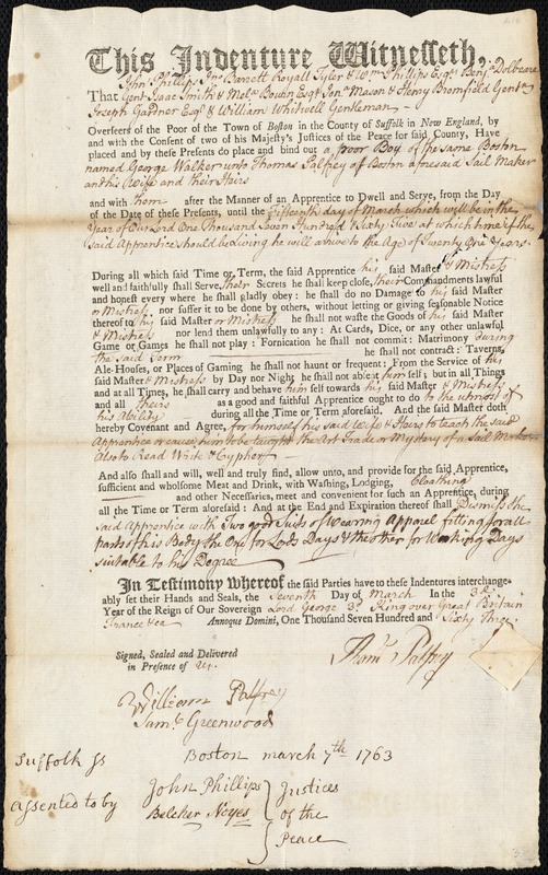George Walker indentured to apprentice with Thomas Palfrey of Boston, 7 March 1763