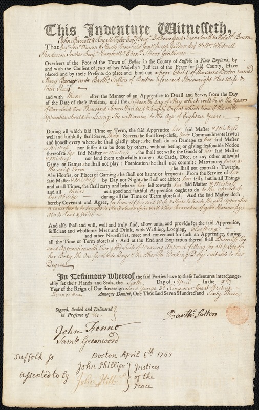 Mary Baner indentured to apprentice with Bartholomew Sutton of Boston, 6 April 1763