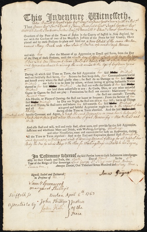 Mary Burk indentured to apprentice with Ann Payne [Pain] of Boston, 6 April 1763