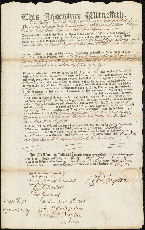 Oliver Merrick indentured to apprentice with Richard Boynton of Boston, 6 April 1763