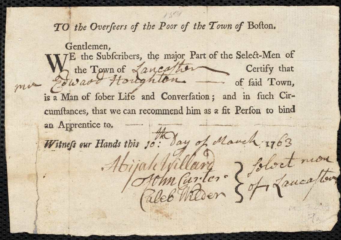 Francis Akley indentured to apprentice with Edward Houghton of Holden, 4 May 1763