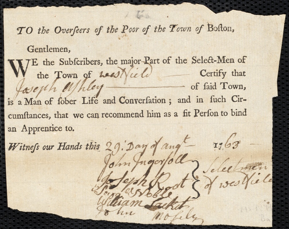 William Everton indentured to apprentice with Joseph Ashley of Westfield, 27 June 1763