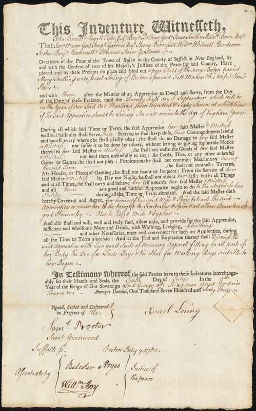 Mary Snelling indentured to apprentice with Israel Loring of Boston, 6 July 1763