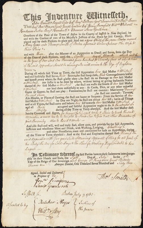 Mary Green indentured to apprentice with Thomas Smith of Boston, 6 July 1763