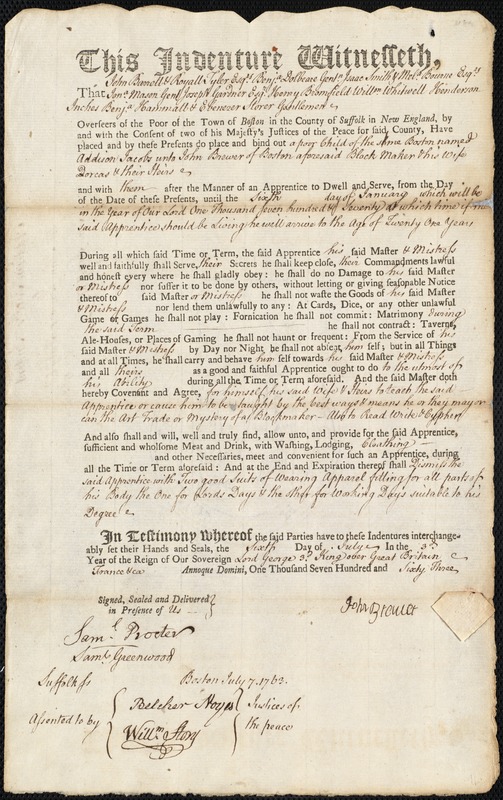 Addison Jacobs indentured to apprentice with John Brewer of Boston, 6 July 1763