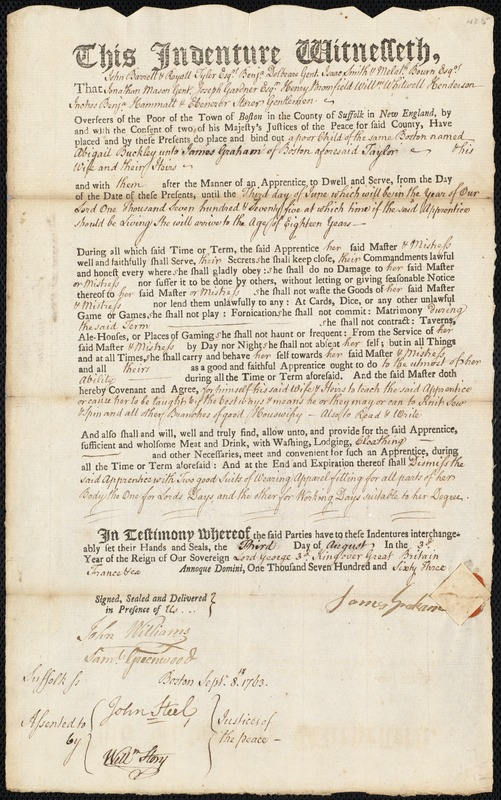 Abigail Buckley indentured to apprentice with James Graham of Boston, 3 August 1763