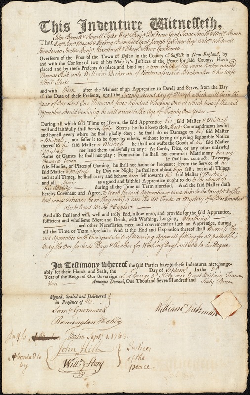 Thomas Peak indentured to apprentice with William Dickman of Boston, 1 September 1763