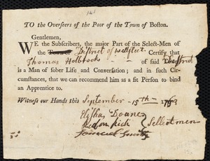 Elias Cox indentured to apprentice with Thomas Holbrook of Wellfleet, 1 October 1763
