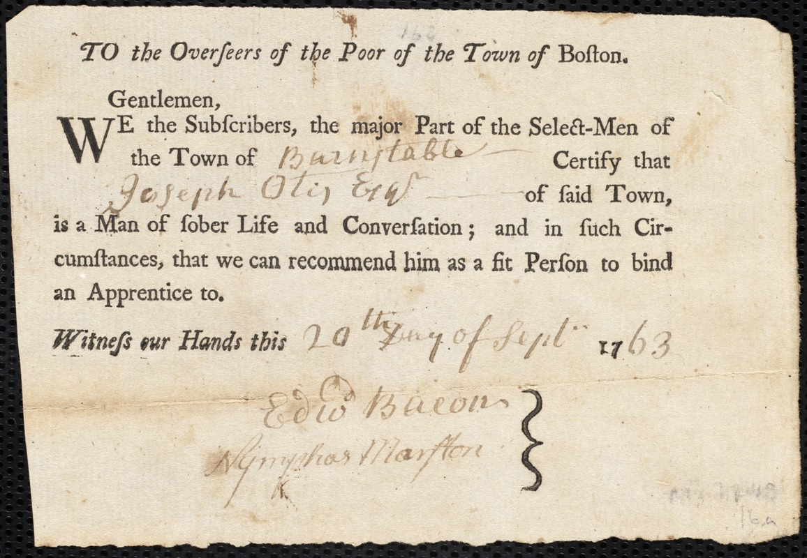 Moses Mangent indentured to apprentice with Joseph Otis of Barnstable, 13 October 1763