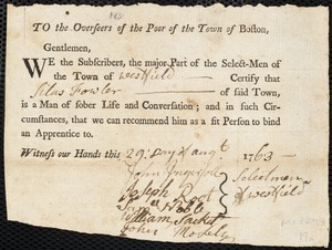 Andrew Crage [Croge] indentured to apprentice with Silas Fowler of Westfield, 31 December 1763