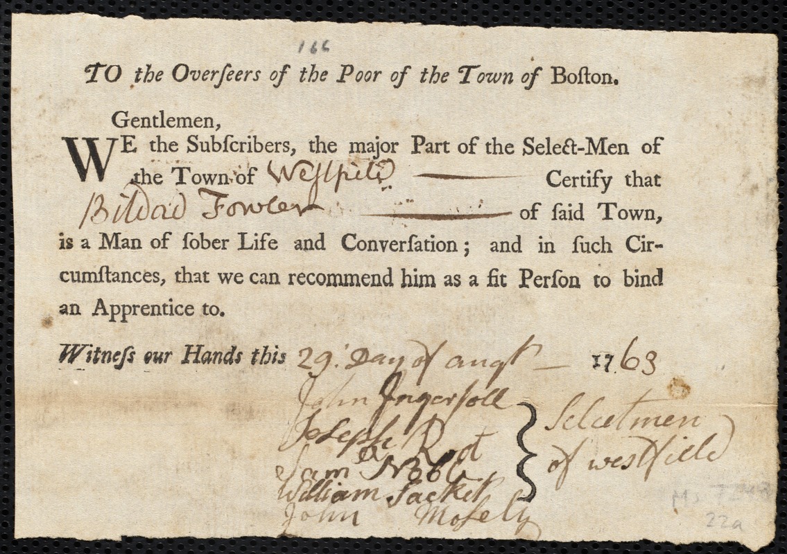 James Dumphy indentured to apprentice with Bildad Fowler of Westfield, 2 January 1764