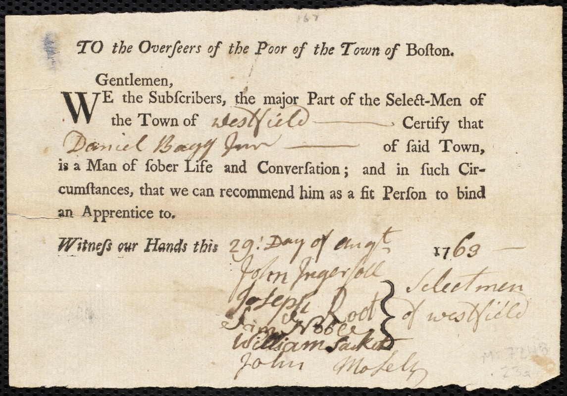 Ignatius Lynde indentured to apprentice with Daniel Bagg, Jr. of Westfield, 2 January 1764
