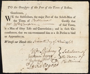 Rebecca Ryan indentured to apprentice with William Tompson [Thompson] of Billerica, 1 February 1764