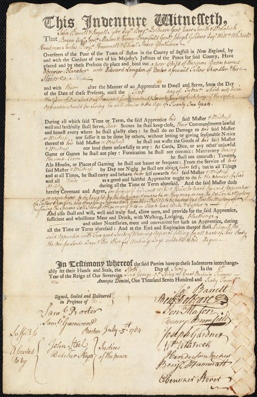 Ebenezer Blancher indentured to apprentice with Edward Langdon of Boston, 6 June 1764