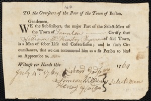 George Richardson indentured to apprentice with William McKinstry of Taunton, 1764