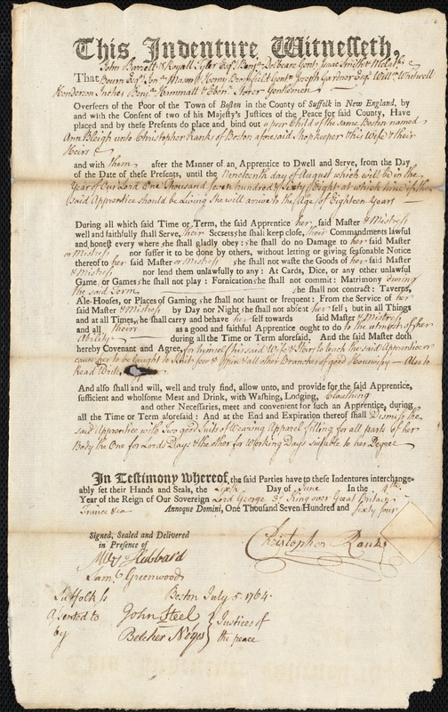 Ann Bleigh indentured to apprentice with Christopher Ranks of Boston, 6 June 1764