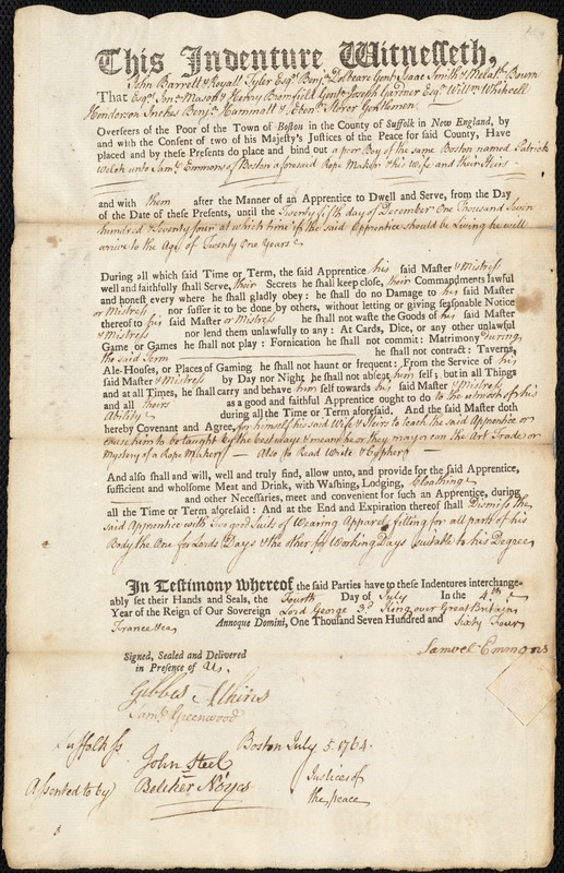 Patrick Welch indentured to apprentice with Samuel Emmons of Boston, 4 July 1764