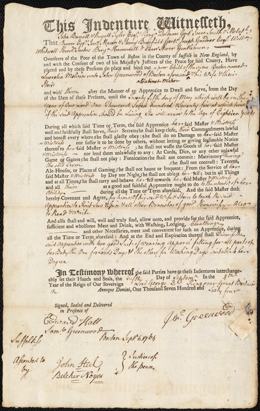 Lucretia Melvin indentured to apprentice with John Greenwood of Boston, 5 September 1764