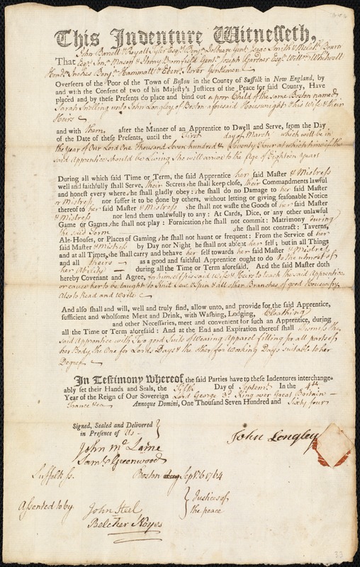 Sarah Snelling indentured to apprentice with John Longley of Boston, 5 September 1764