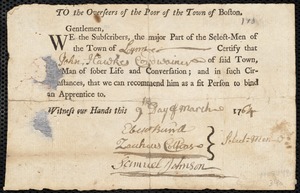 Joseph Prince indentured to apprentice with John Hawkes of Lynn, 14 September 1764