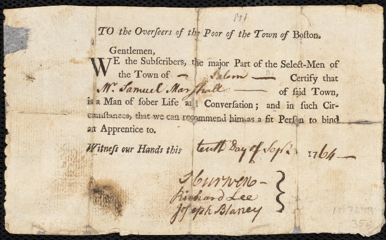 William Bright indentured to apprentice with Samuel Marshall of Salem, 17 September 1764